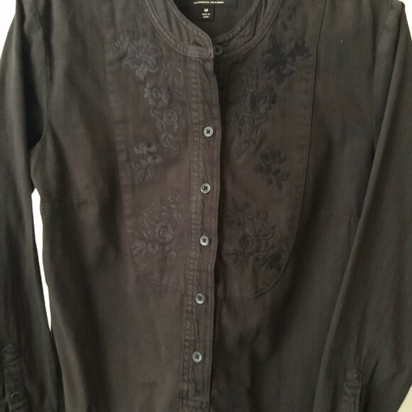 LUCKY BRAND BOHO BLACK DENIM POPOVER DRESS TUNIC SHIRT FLORAL EMBROIDERY M NWOT - Picture 5 of 9